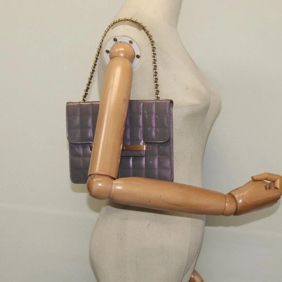 CHANEL Choco Bar Line Chain Hand Bag Enamel Gray Gold CC Auth bs28264 - Picture 14 of 16